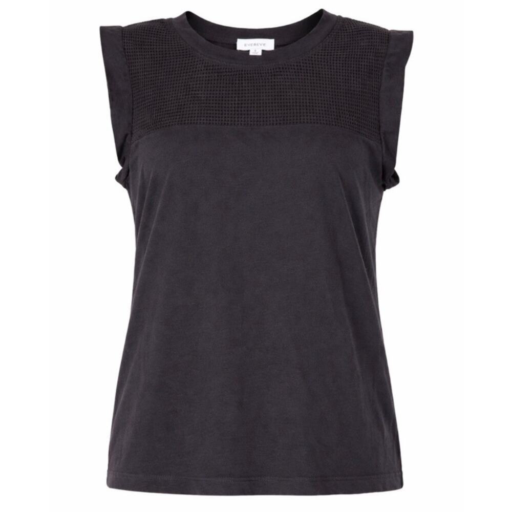 Evereve Sz S Dark Grey Sleeveless Top Pointelle Mesh Detail Crewneck Cotton